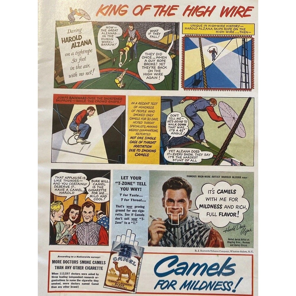 1949 Camel Cigarette KING OF HIGH WIRE Smoking Vintage Magazine Print Ad Cartoon
